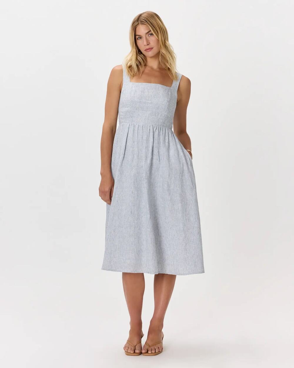 Quince 100% European Linen Fit & Flare Midi Dress Blue Pinstripe Size L